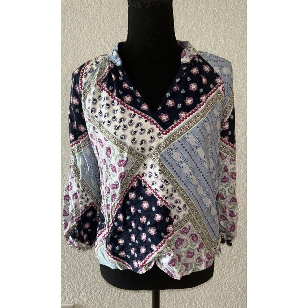 LOFT Petites Patchwork Paisley Linen Blend V-Neck Blouse Top Boho Size MP Medium